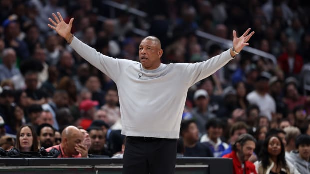  Milwaukee Bucks head coach Doc Rivers reacts to a call during the first half against the Los Angeles Clippers